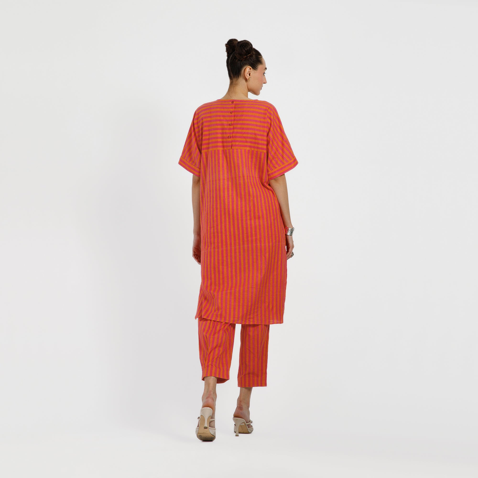 Orange And Pink Line Printed Cotton Kurta
