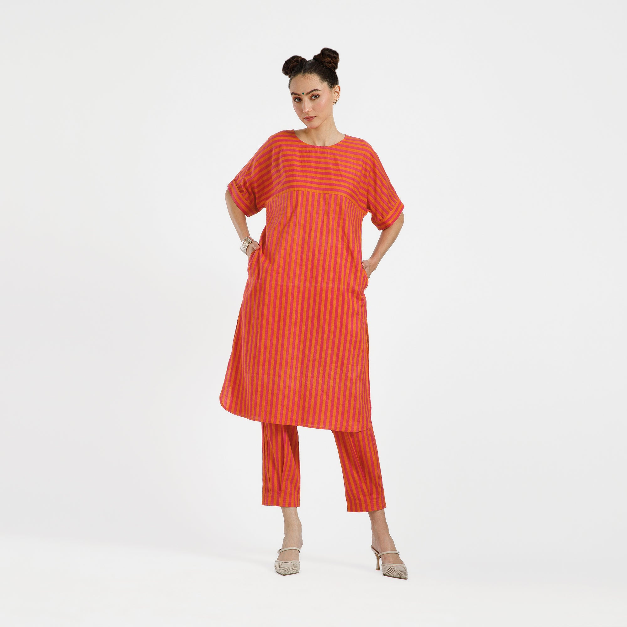 Orange And Pink Line Printed Cotton Kurta