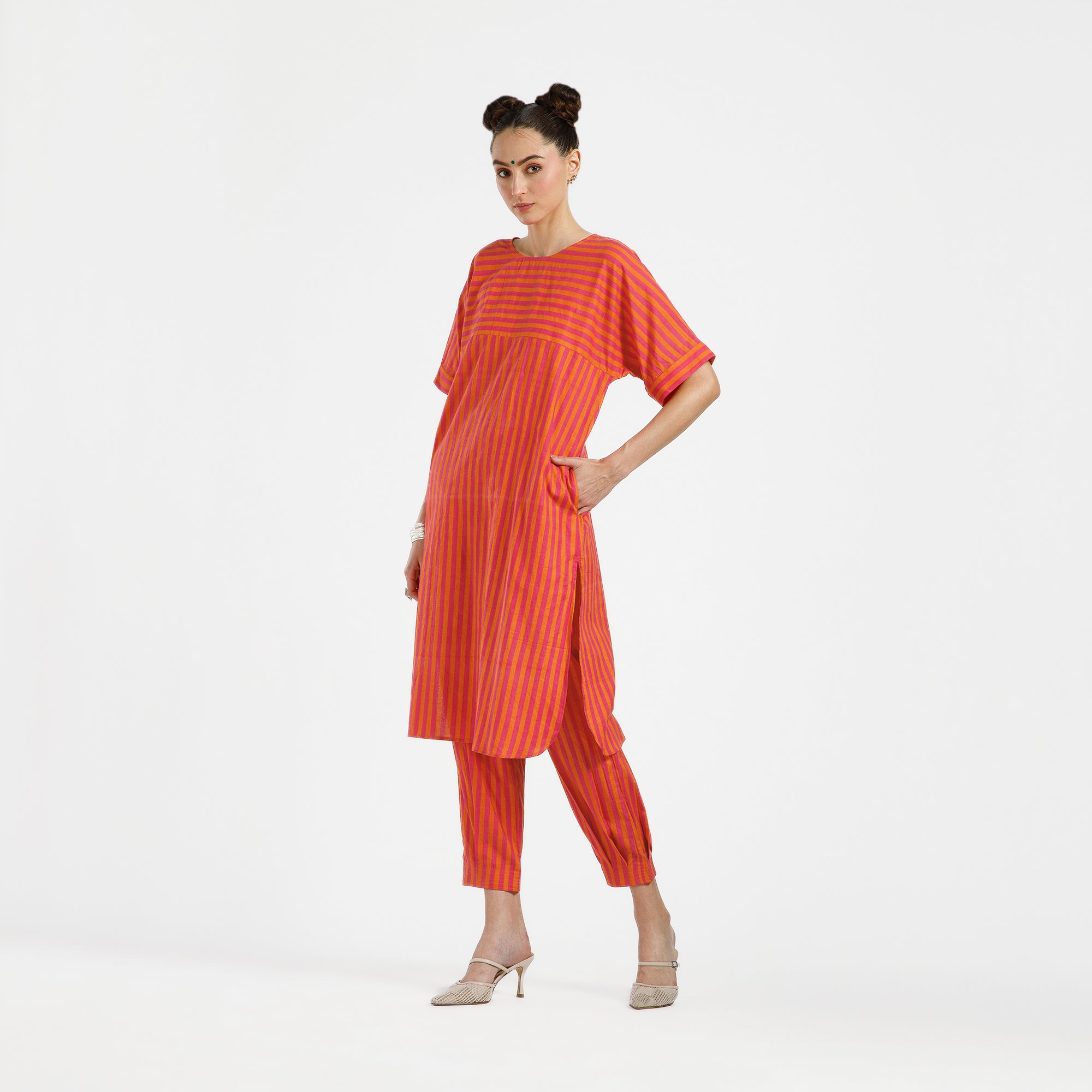 Orange And Pink Line Printed Cotton Kurta