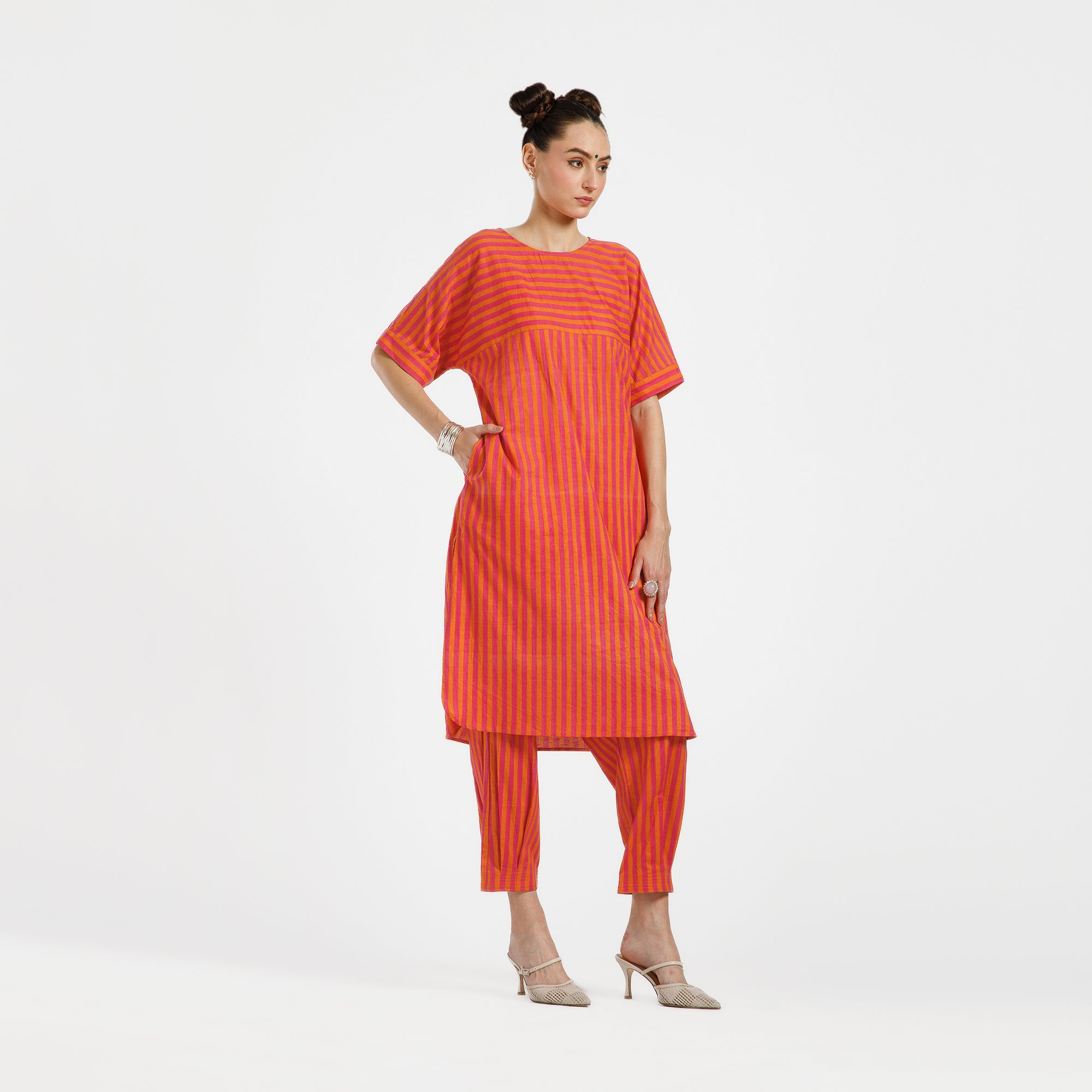 Orange And Pink Line Printed Cotton Kurta