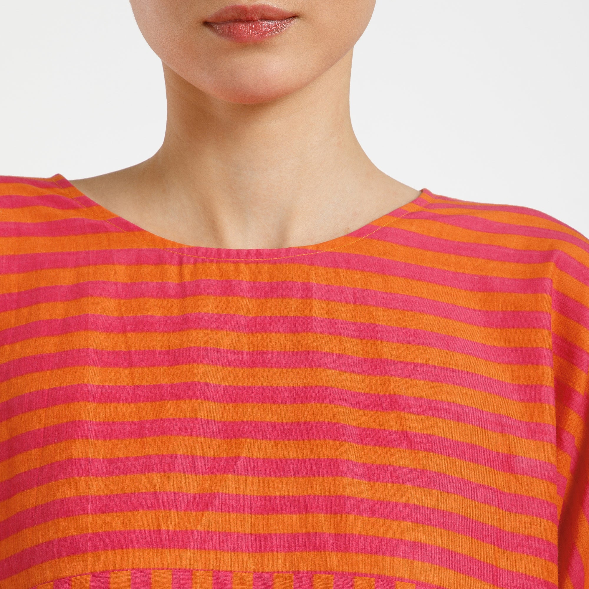 Orange And Pink Line Printed Cotton Kurta