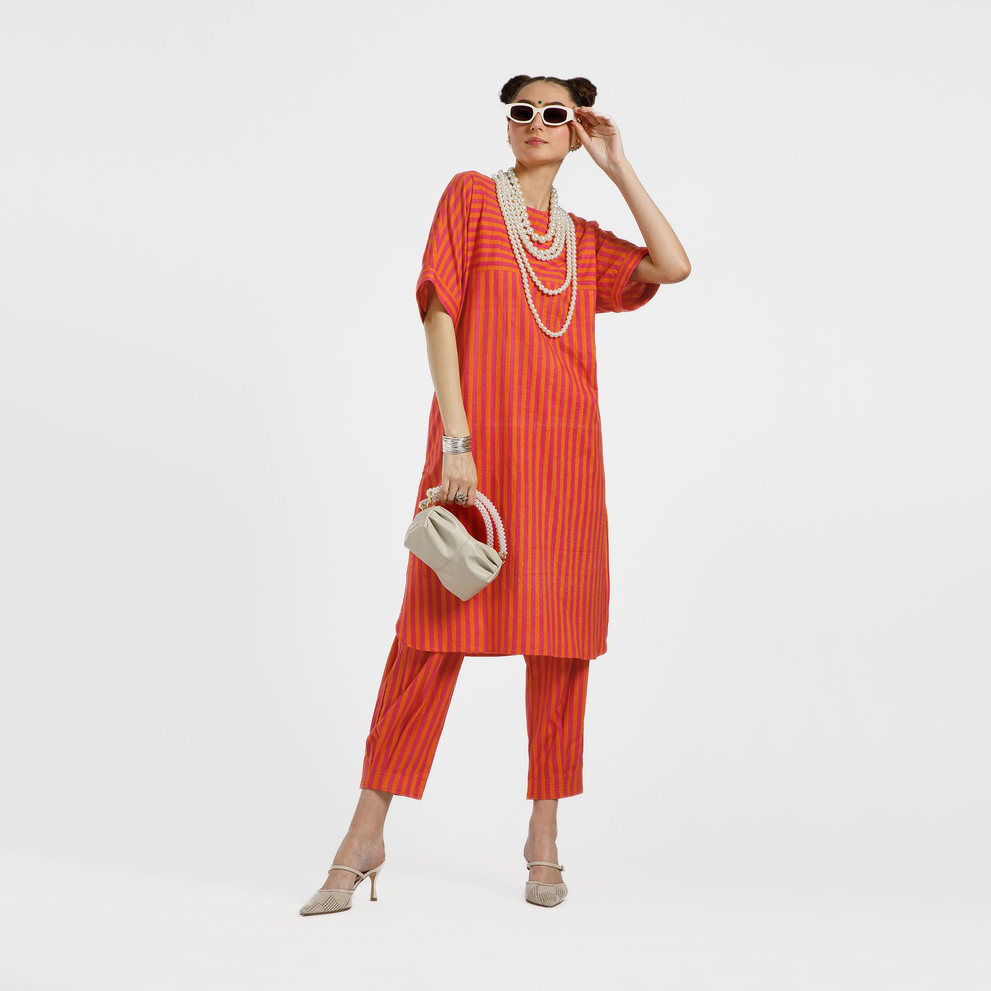 Orange And Pink Line Printed Cotton Kurta