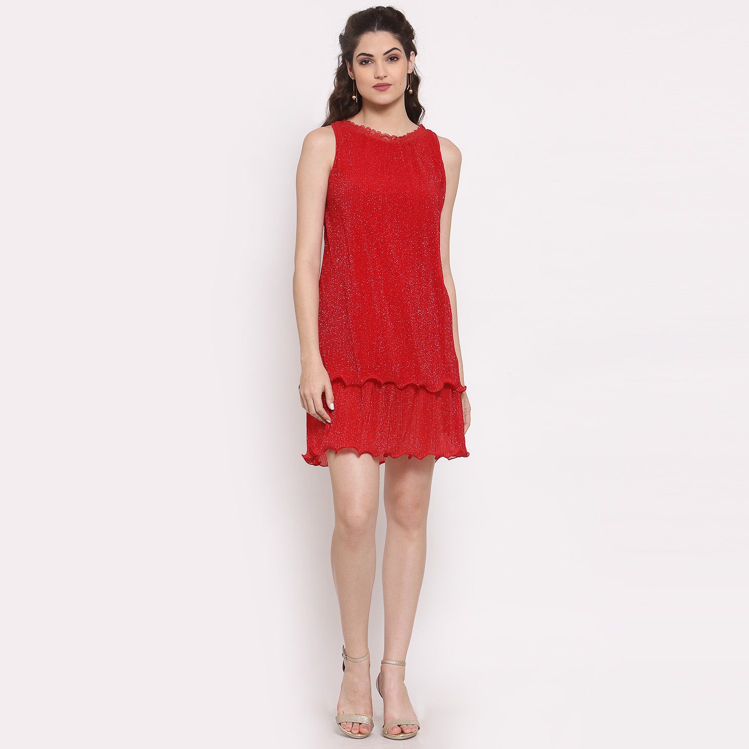 Red Plisse Double Layered Dress