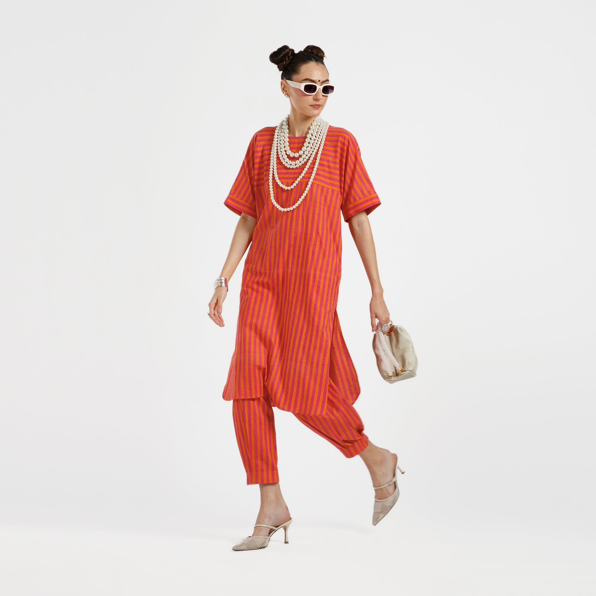 Orange And Pink Line Cotton Pleated Plazzo