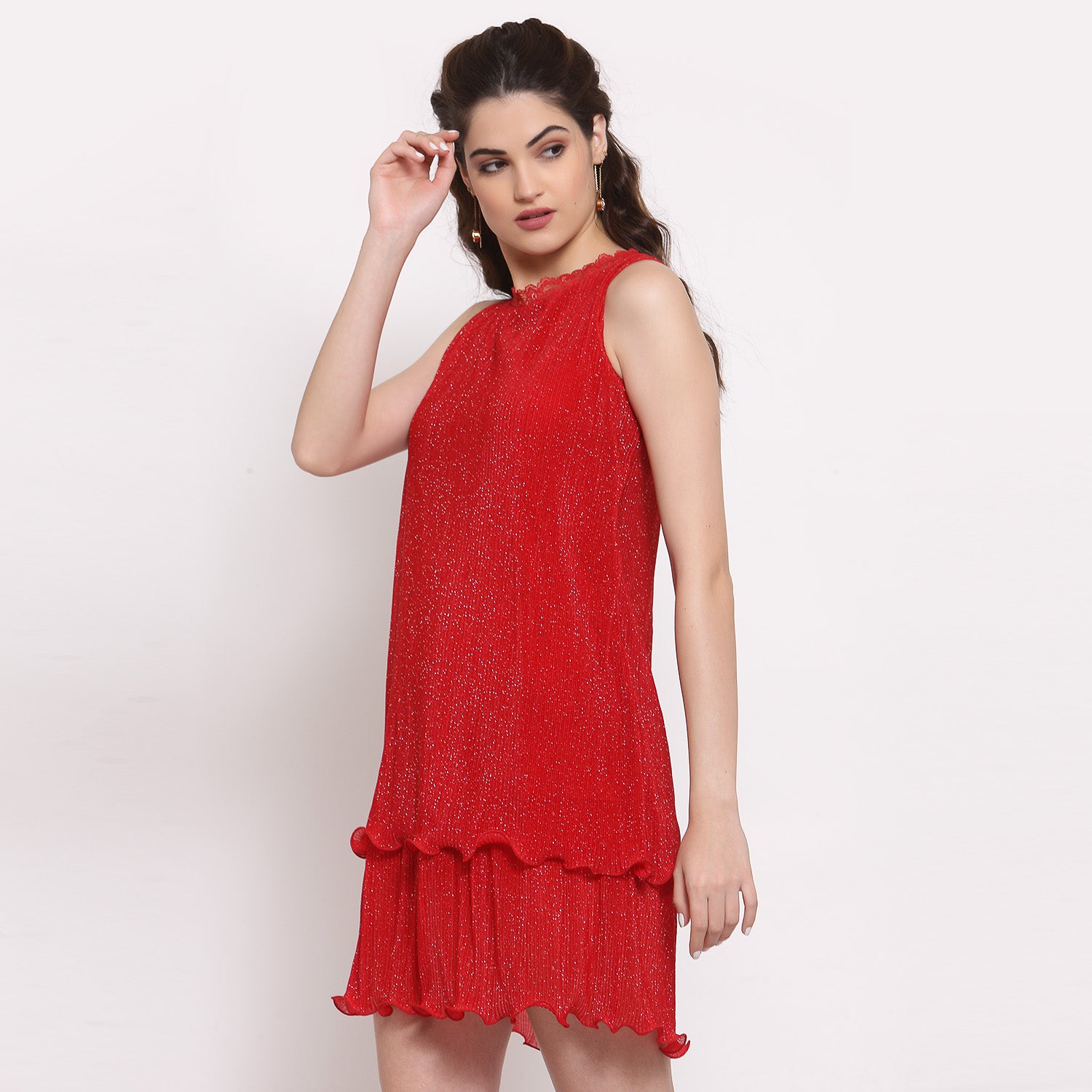 Red Plisse Double Layered Dress