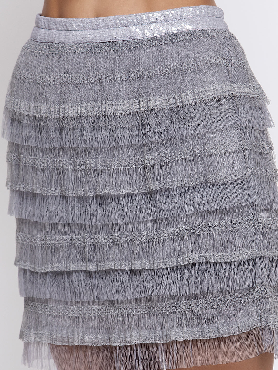 Short Grey Layered Skirt With Net Frill