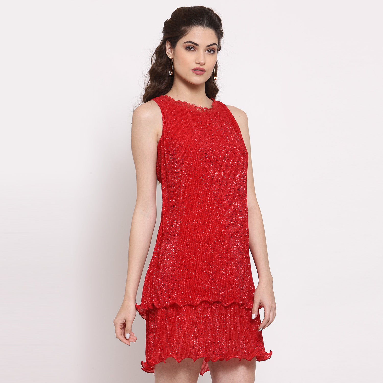 Red Plisse Double Layered Dress