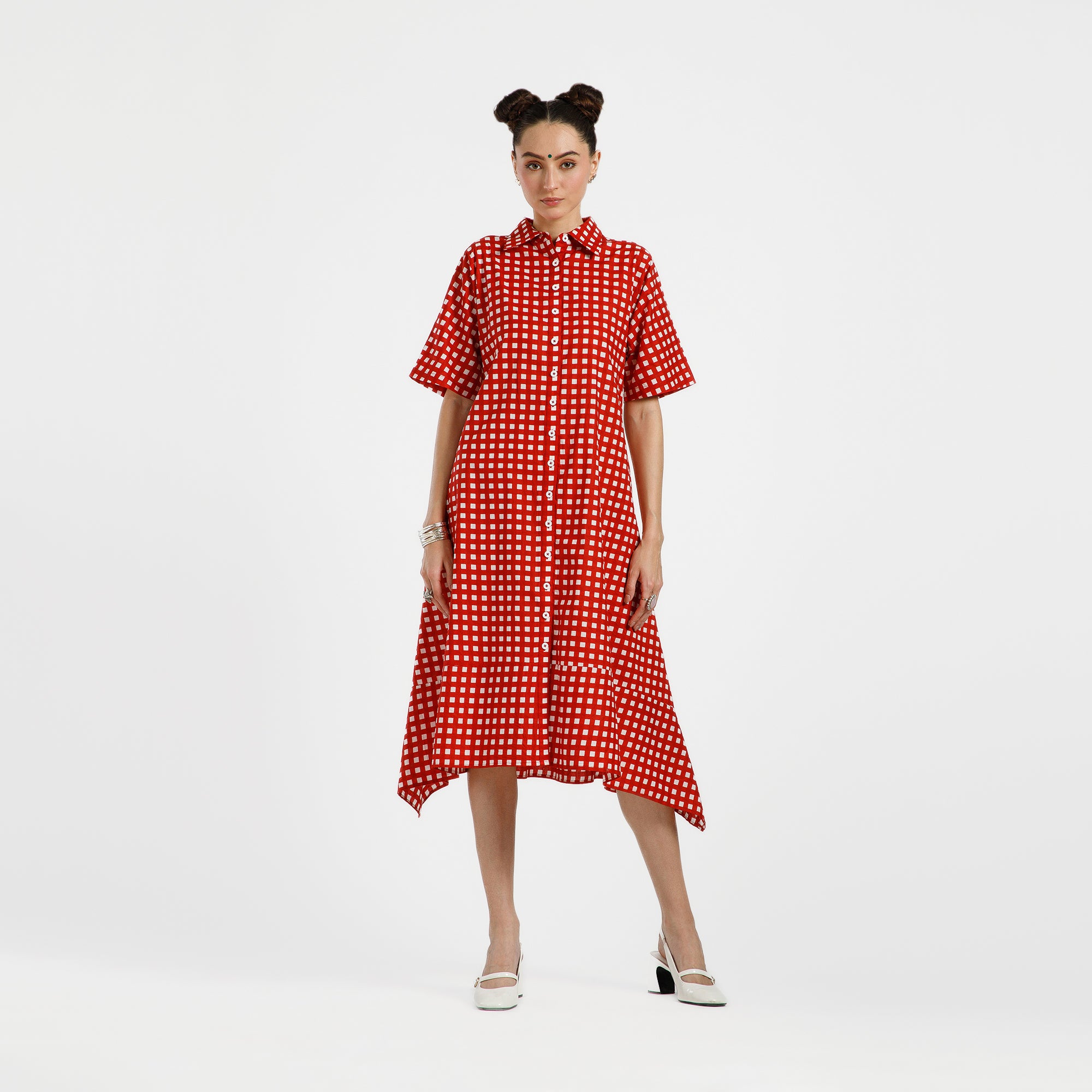 Red And White Check Printed Cotton Dress