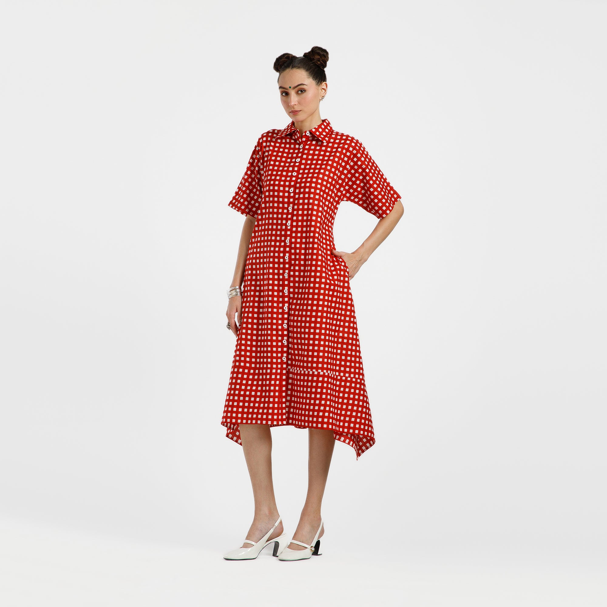 Red And White Check Printed Cotton Dress