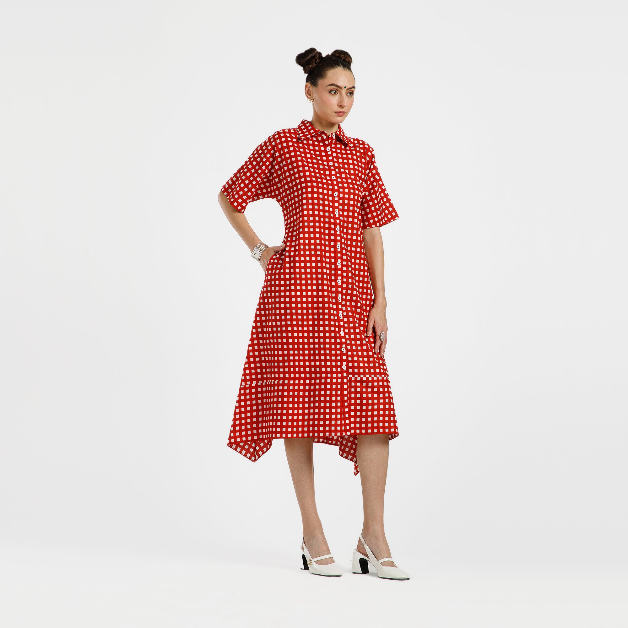 Red And White Check Printed Cotton Dress