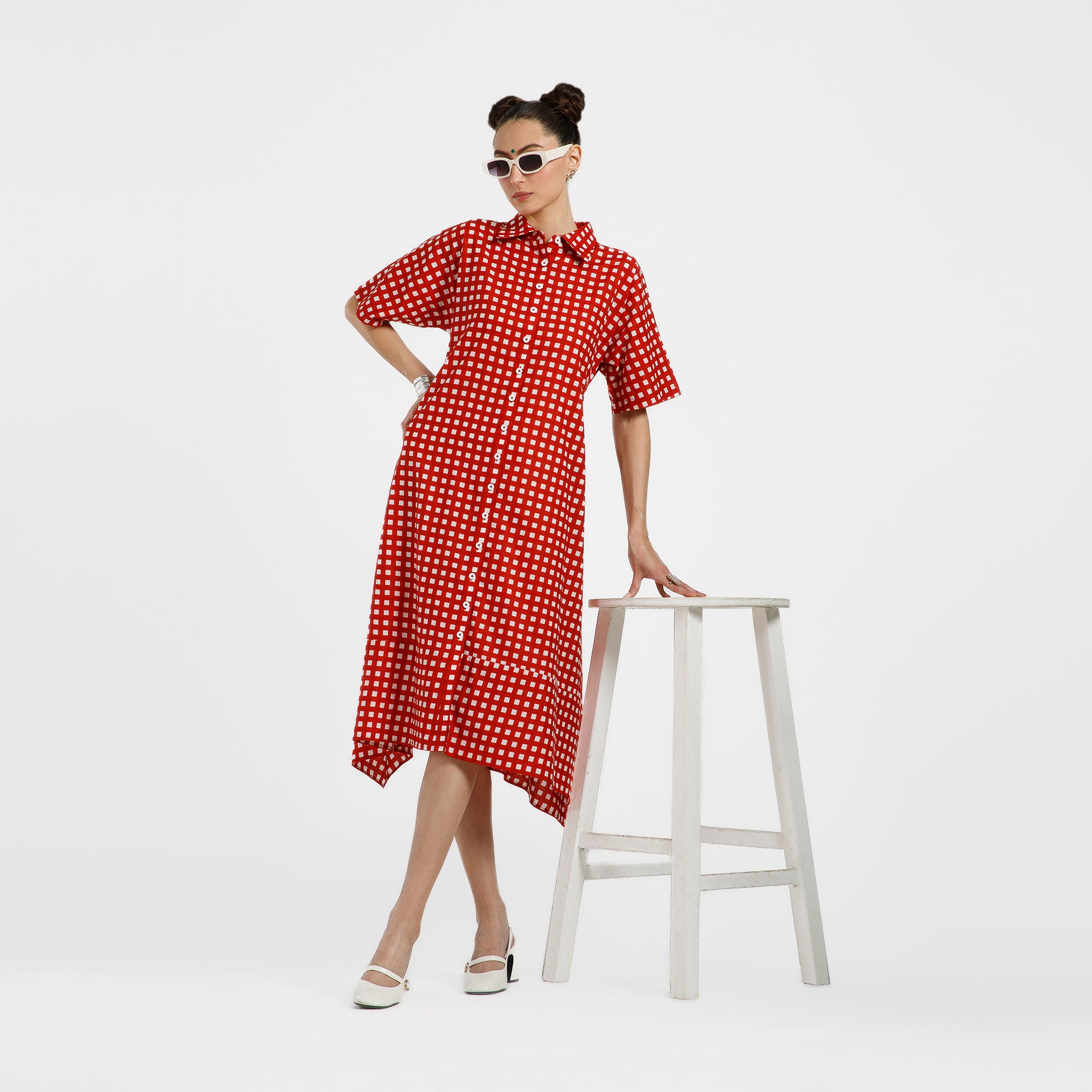 Red And White Check Printed Cotton Dress