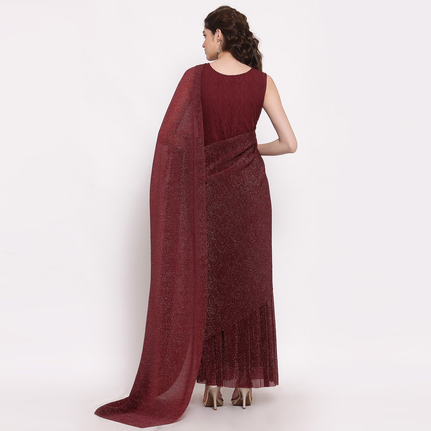 Maroon Drape Saree With Net And Plisse Fabric