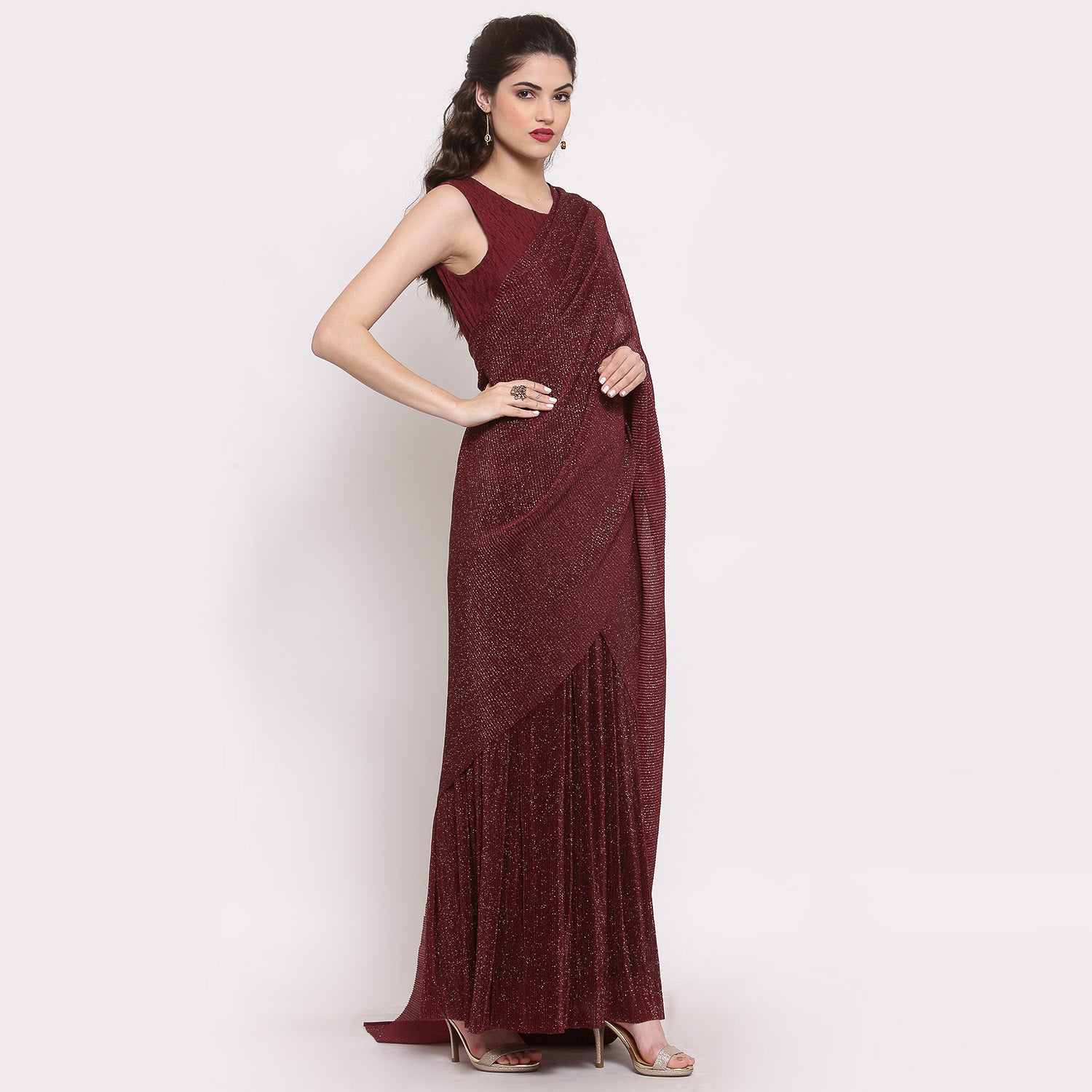 Maroon Drape Saree With Net And Plisse Fabric