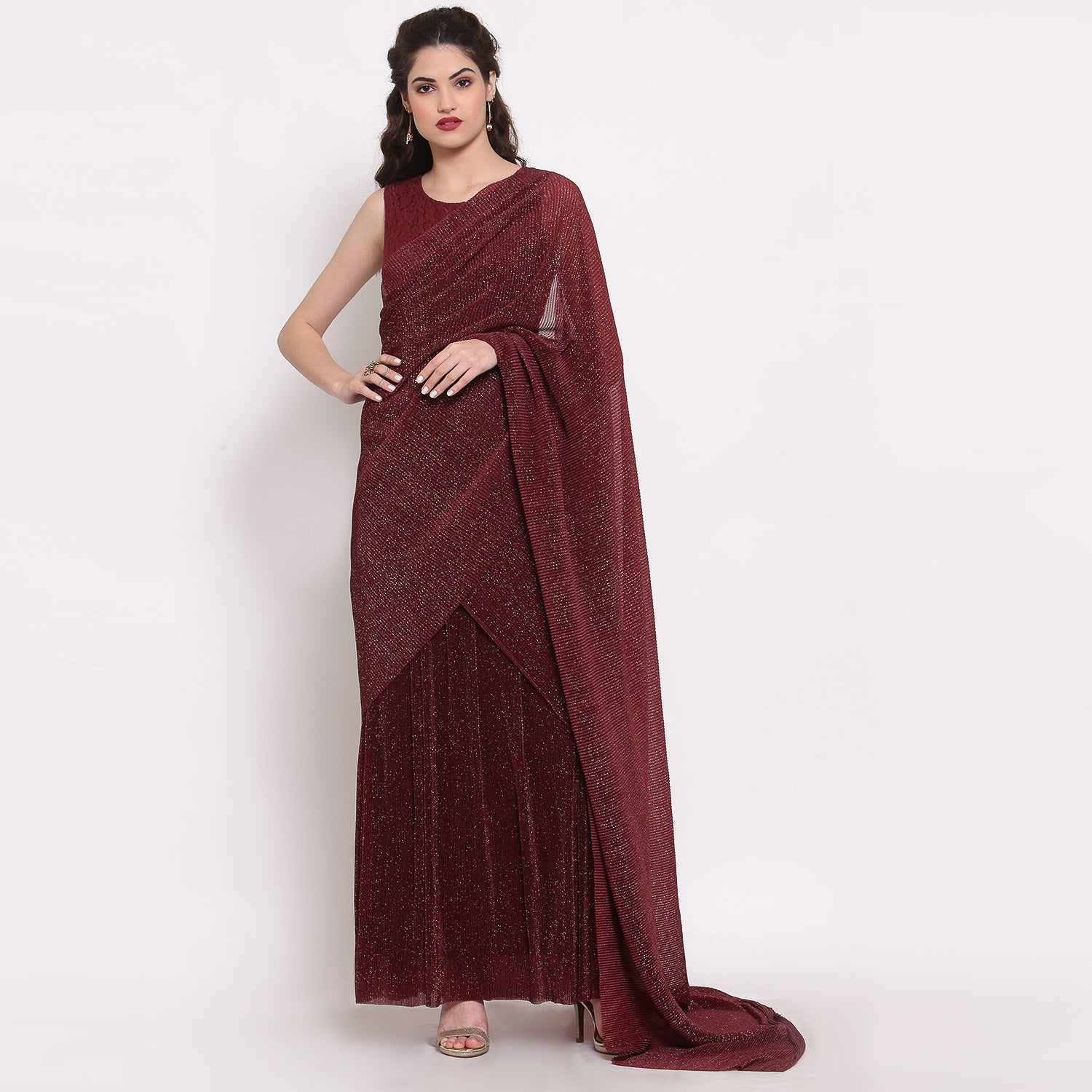 Maroon Drape Saree With Net And Plisse Fabric