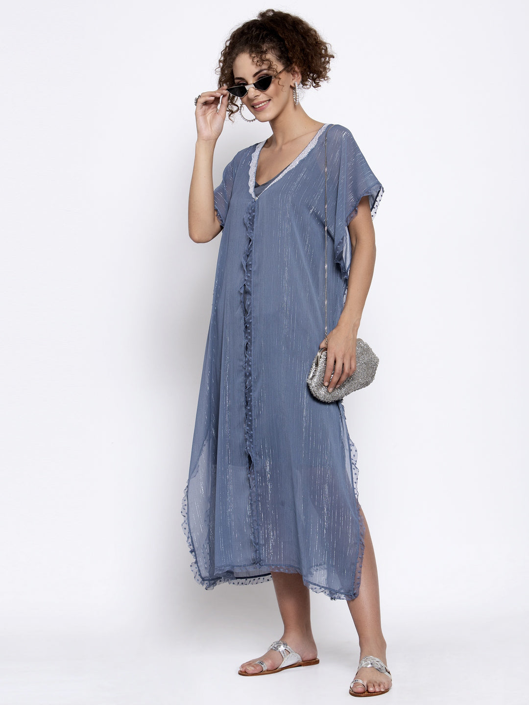 Blue Lurex Kaftan With Sequins Embroidery At Neck