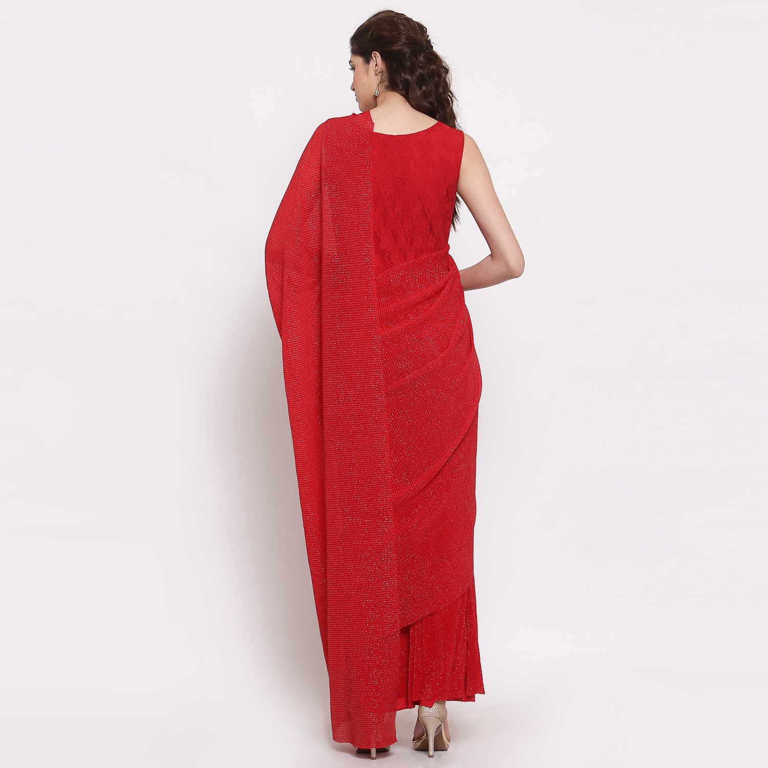 Red Drape Saree With Net And Plisse Fabric