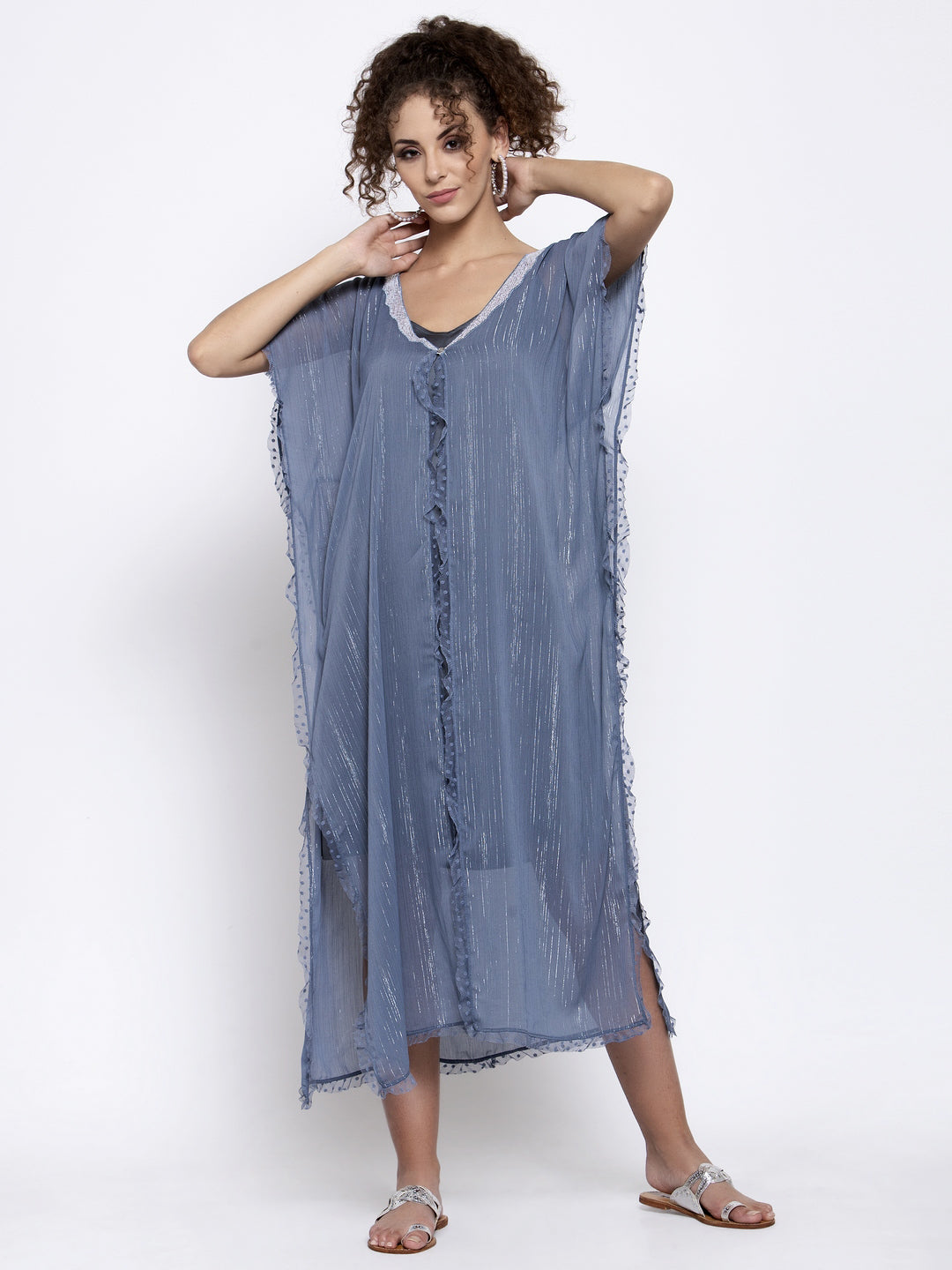 Blue Lurex Kaftan With Sequins Embroidery At Neck