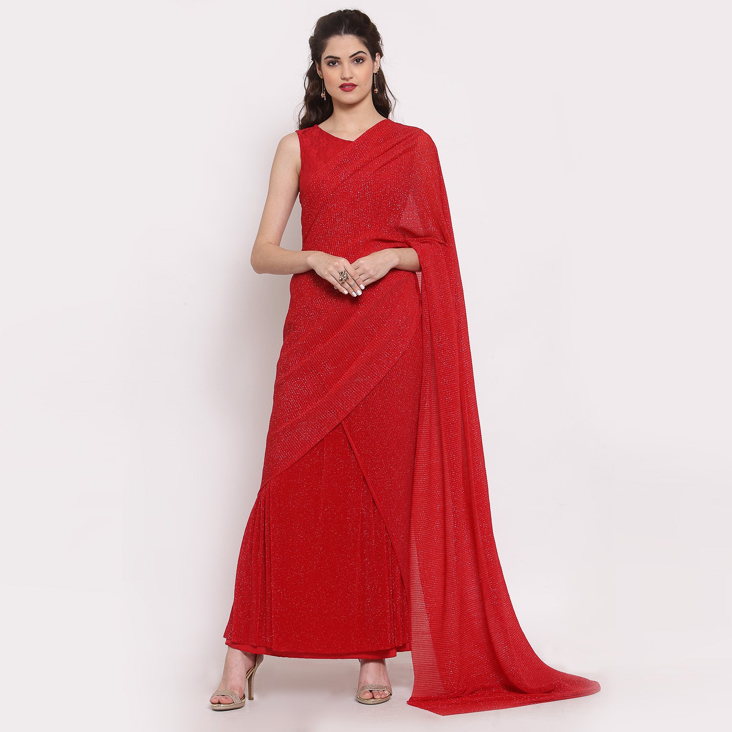 Red Drape Saree With Net And Plisse Fabric