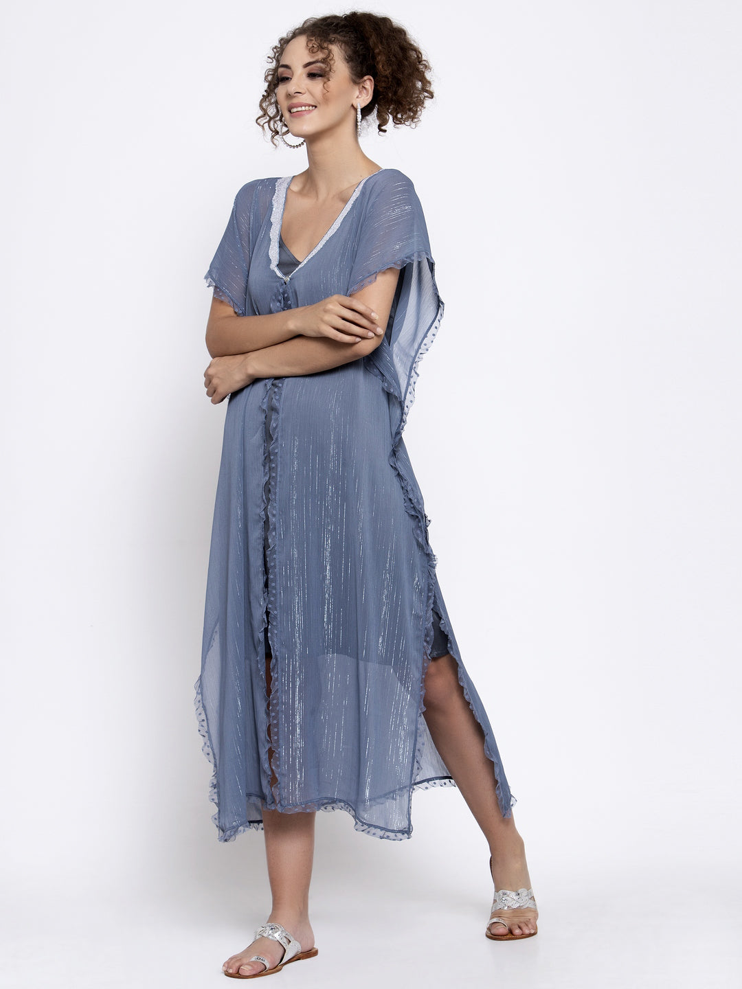 Blue Lurex Kaftan With Sequins Embroidery At Neck