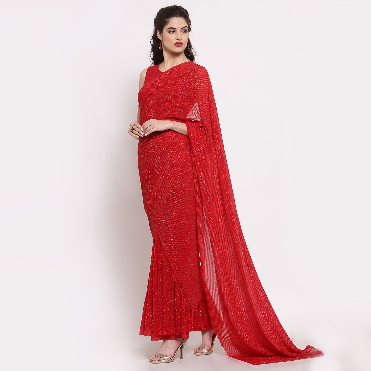 Red Drape Saree With Net And Plisse Fabric