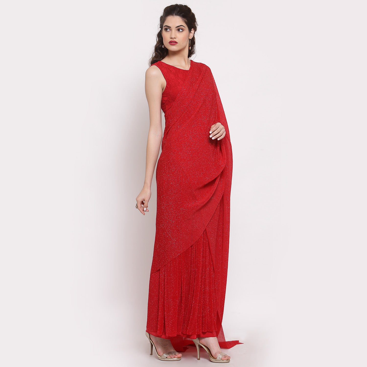 Red Drape Saree With Net And Plisse Fabric