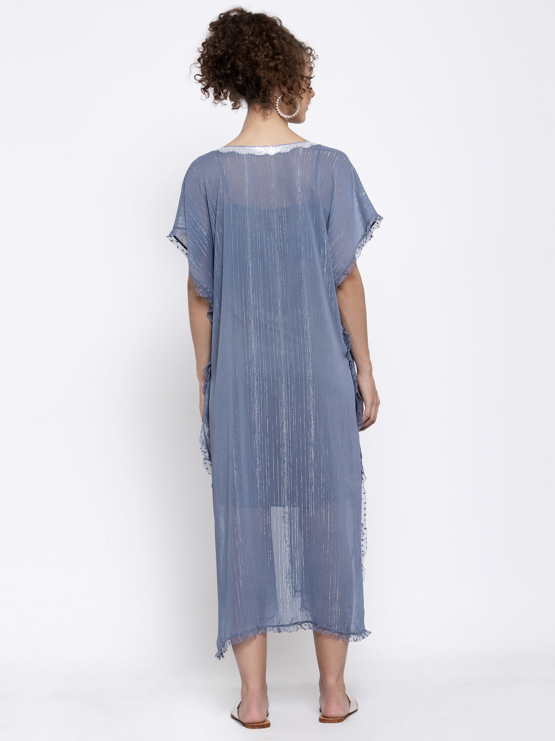 Blue Lurex Kaftan With Sequins Embroidery At Neck