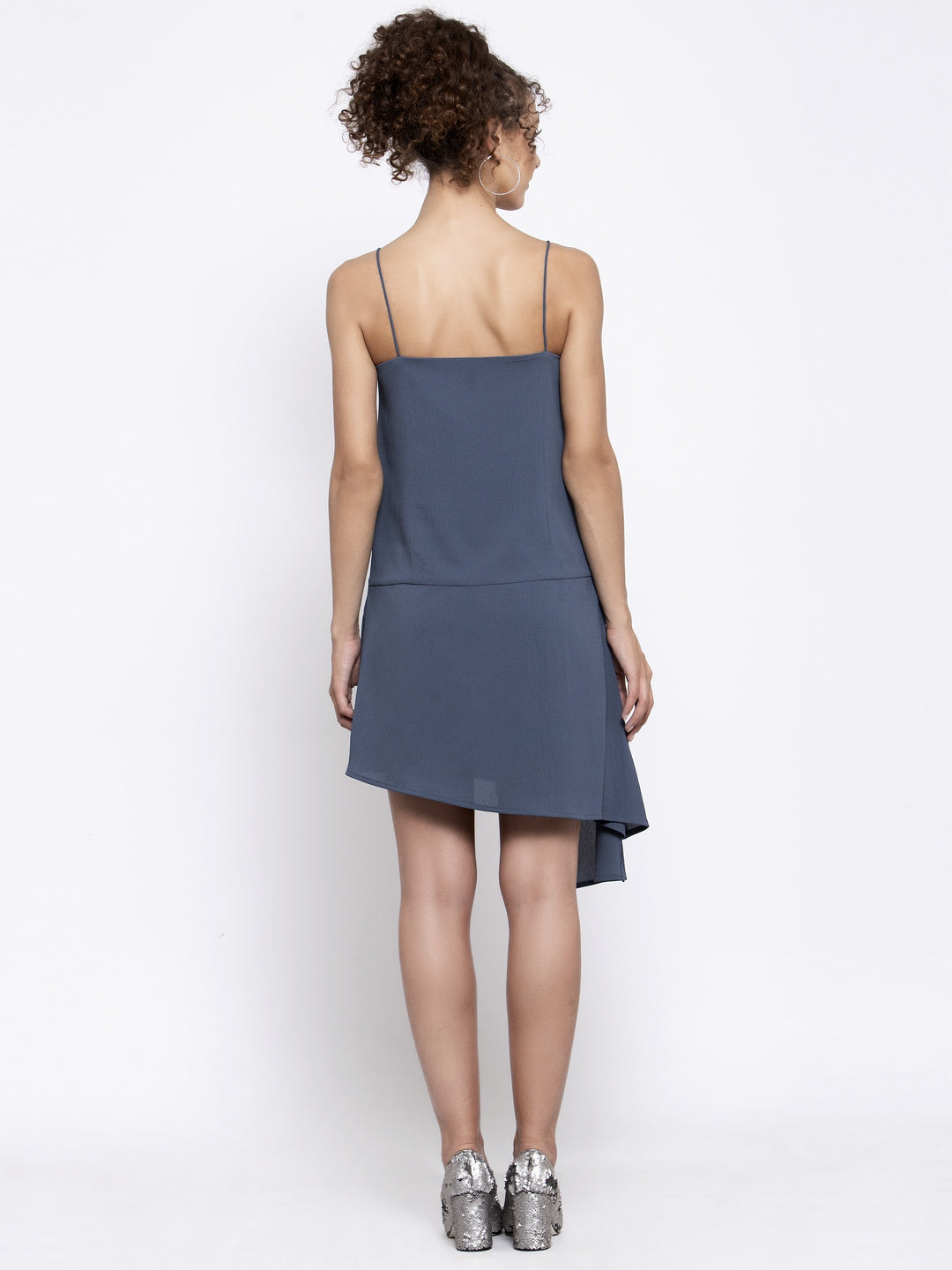 Stone Blue Crepe With Drape Spaghetti Dress