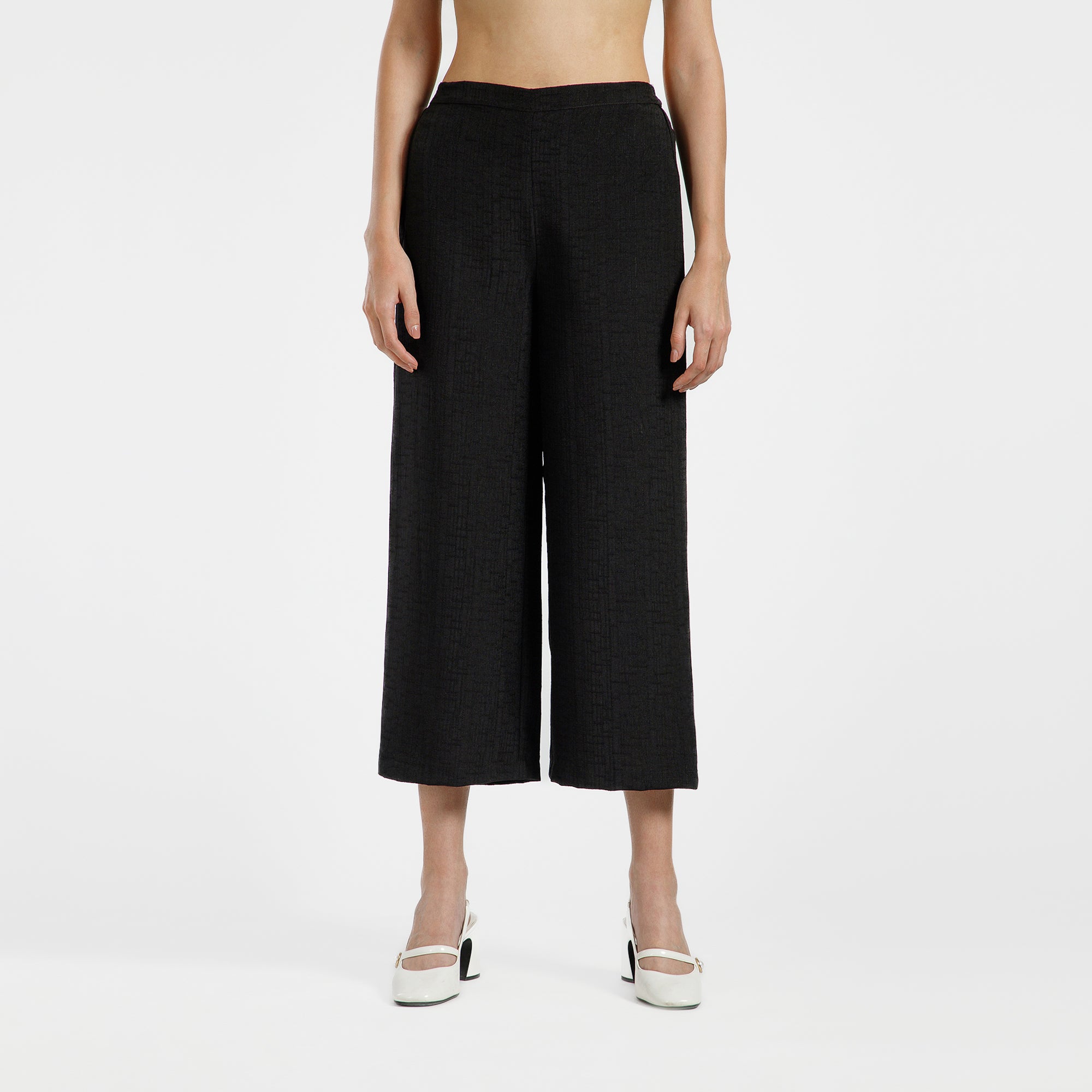 Black Cotton Slub Linen Textured Plazzo