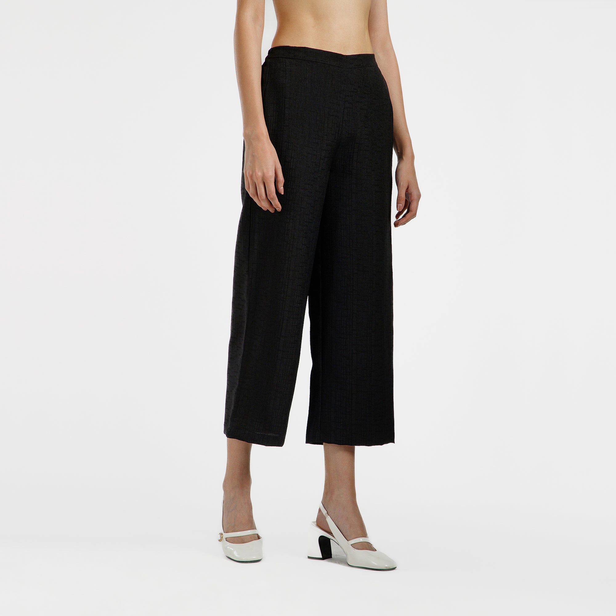 Black Cotton Slub Linen Textured Plazzo