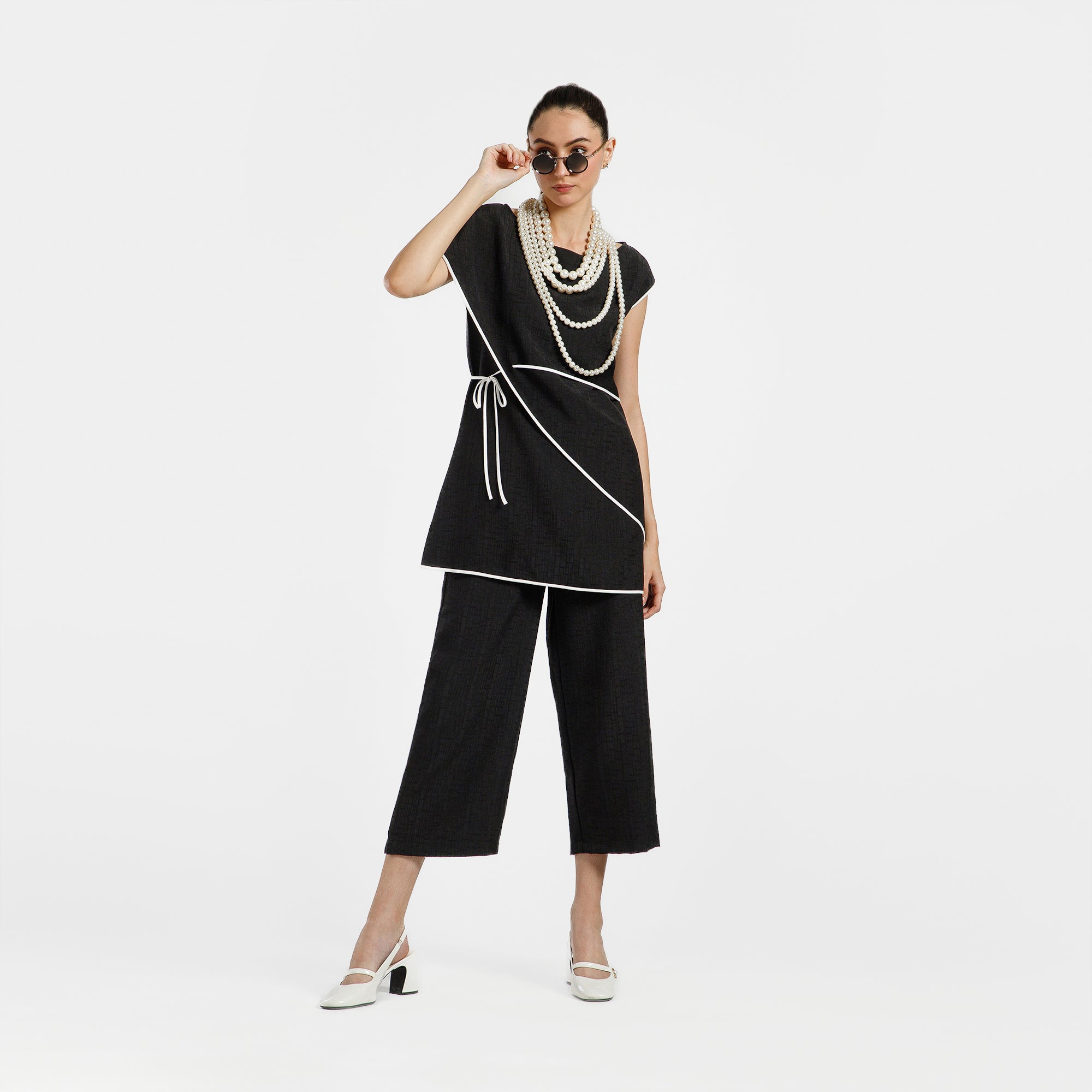 Black Cotton Slub Linen Textured Plazzo