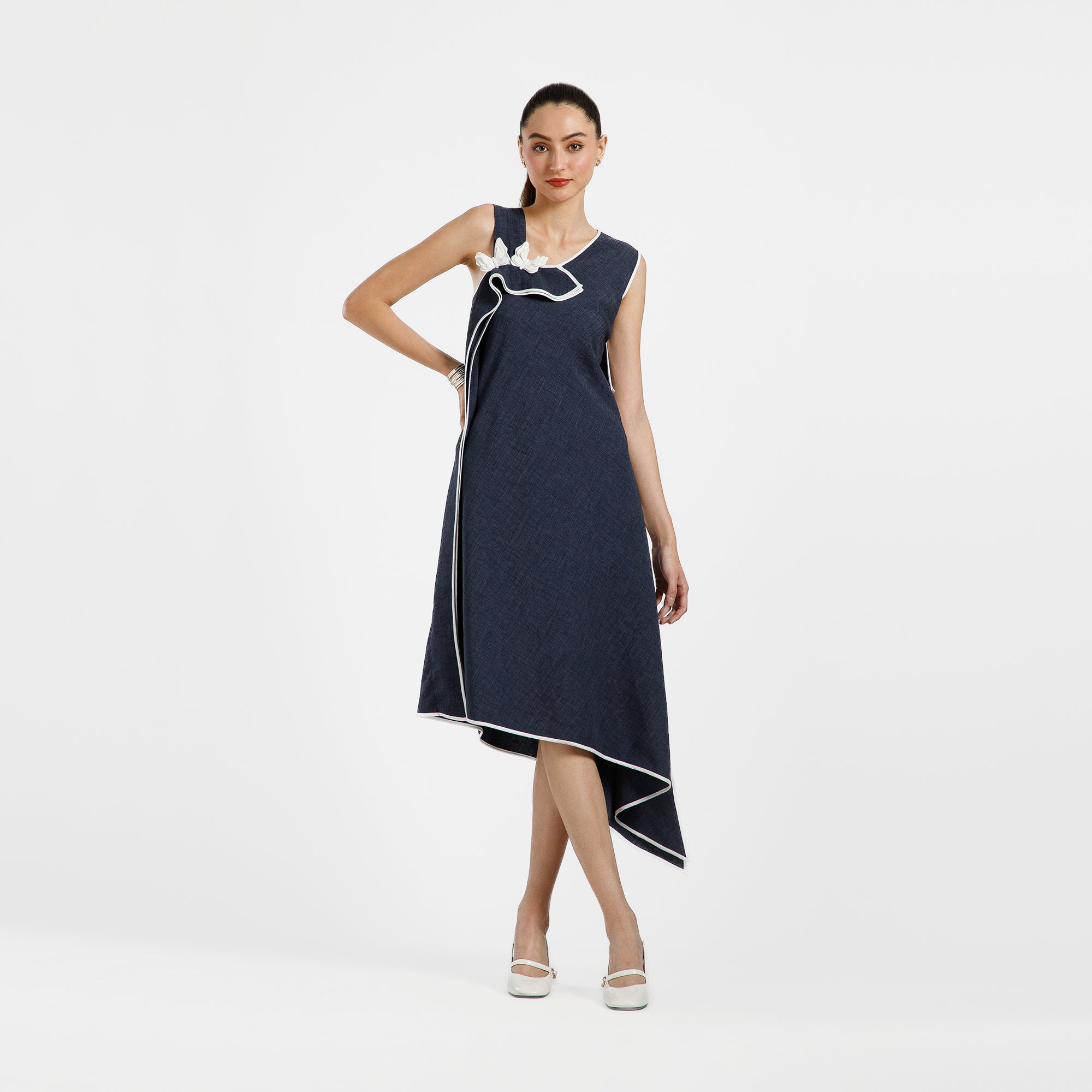 Blue Cotton Slub Linen Dress With White Butterfly And Piping