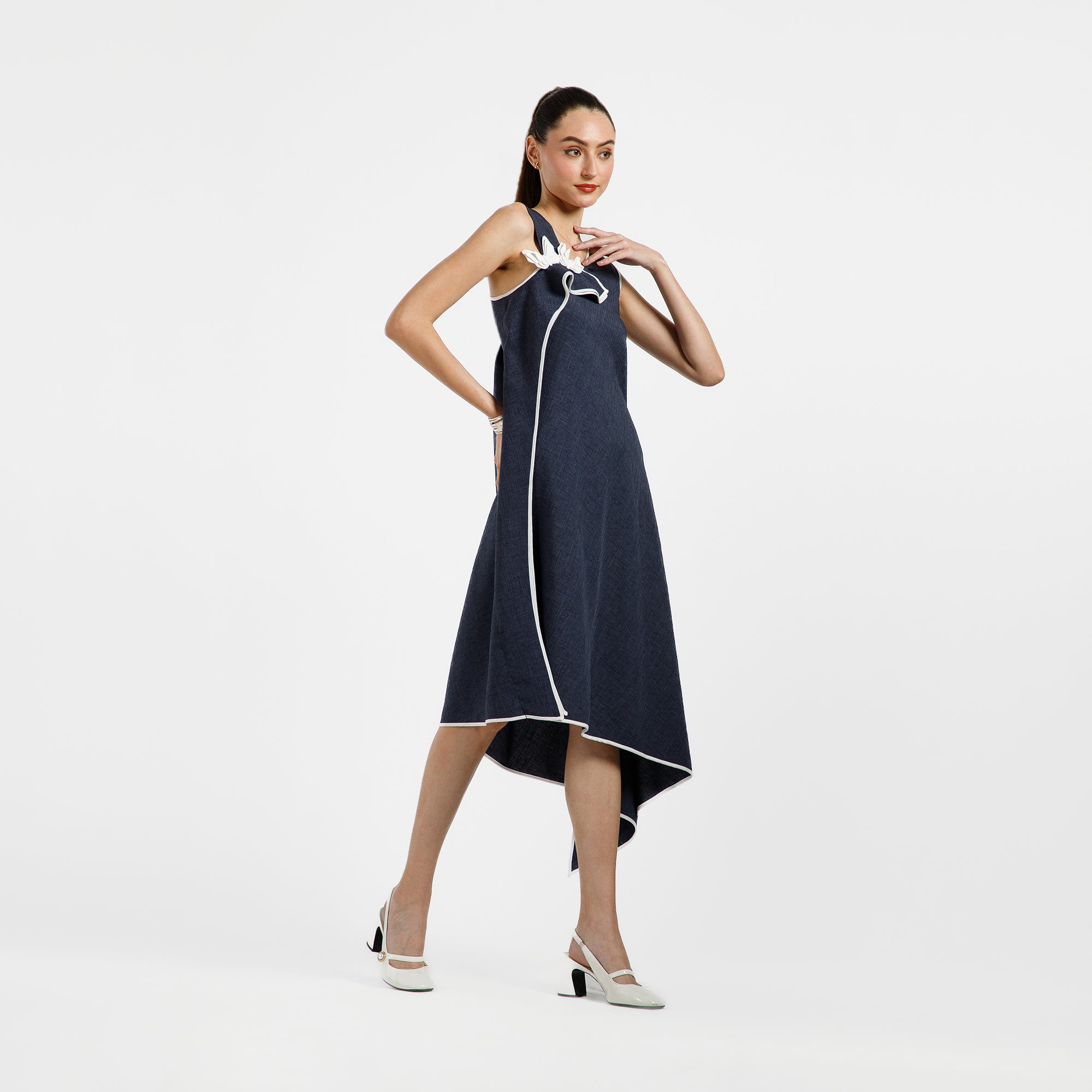 Blue Cotton Slub Linen Dress With White Butterfly And Piping