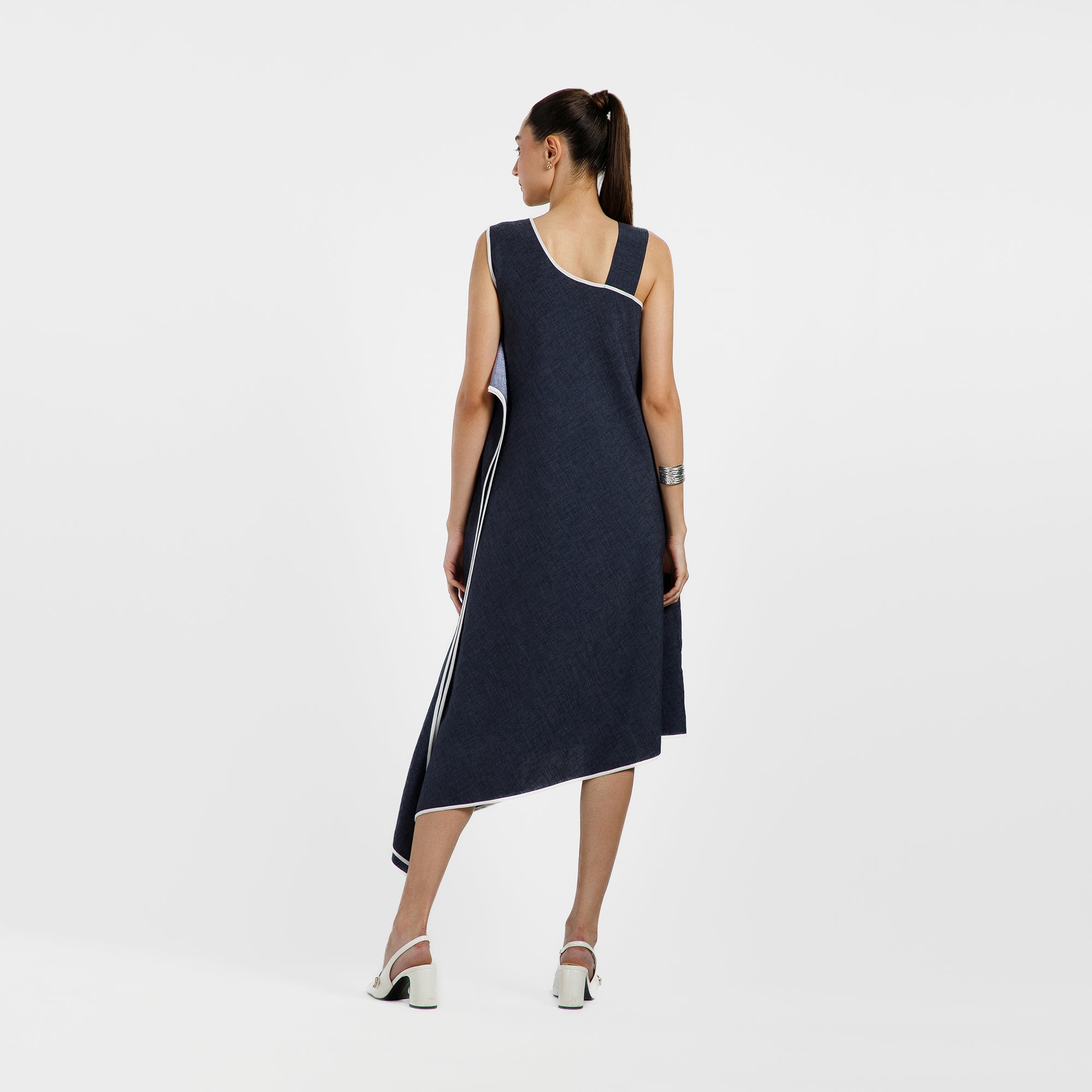 Blue Cotton Slub Linen Dress With White Butterfly And Piping