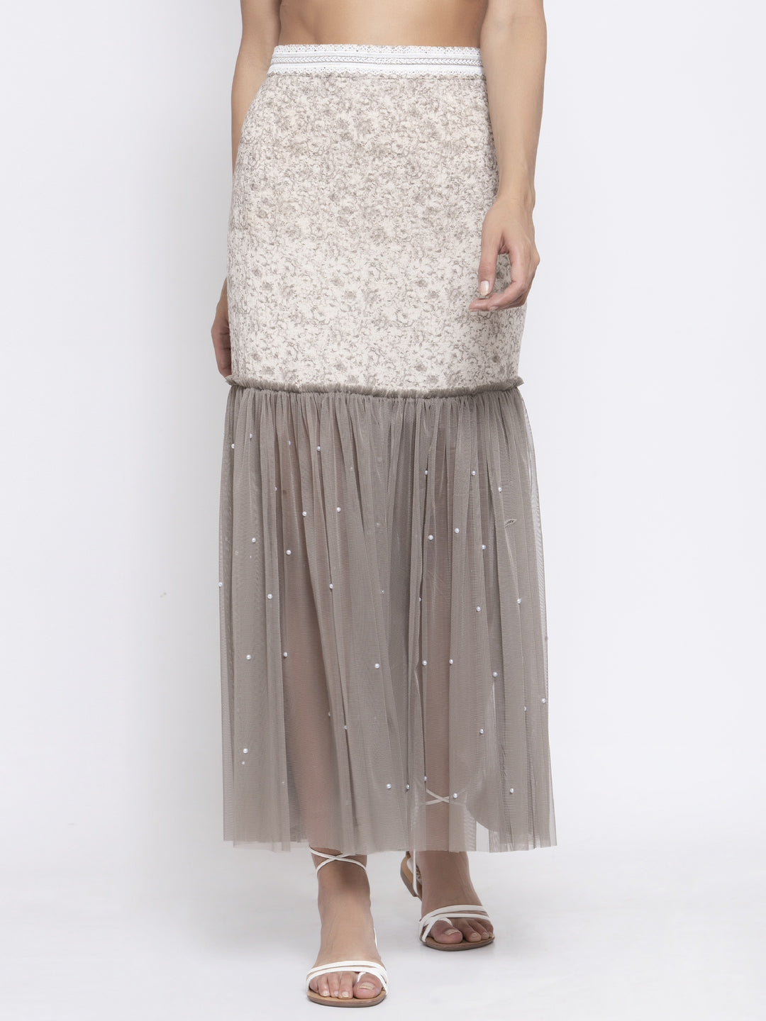 Beige Printed And Net Skirt