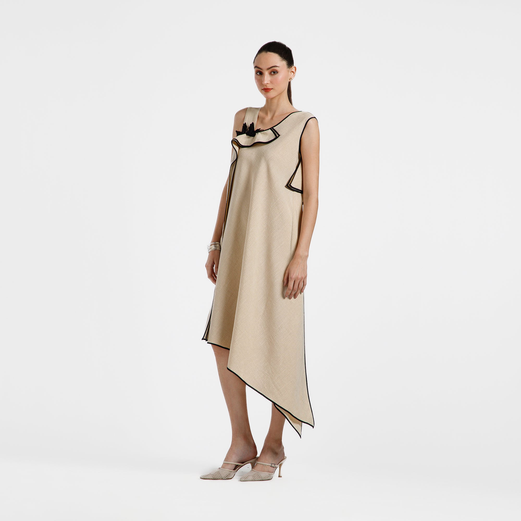 Off White Cotton Slub Linen Dress With Black Butterfly And Piping
