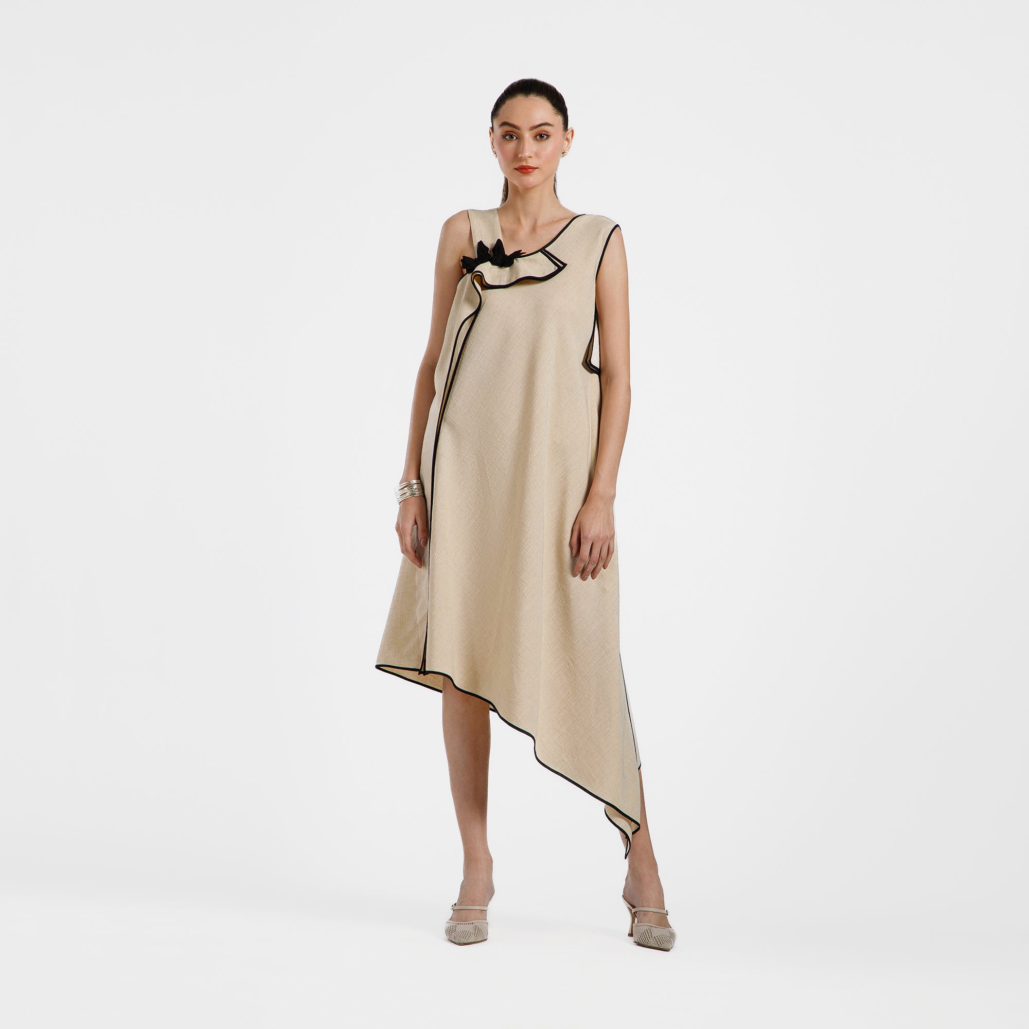 Off White Cotton Slub Linen Dress With Black Butterfly And Piping