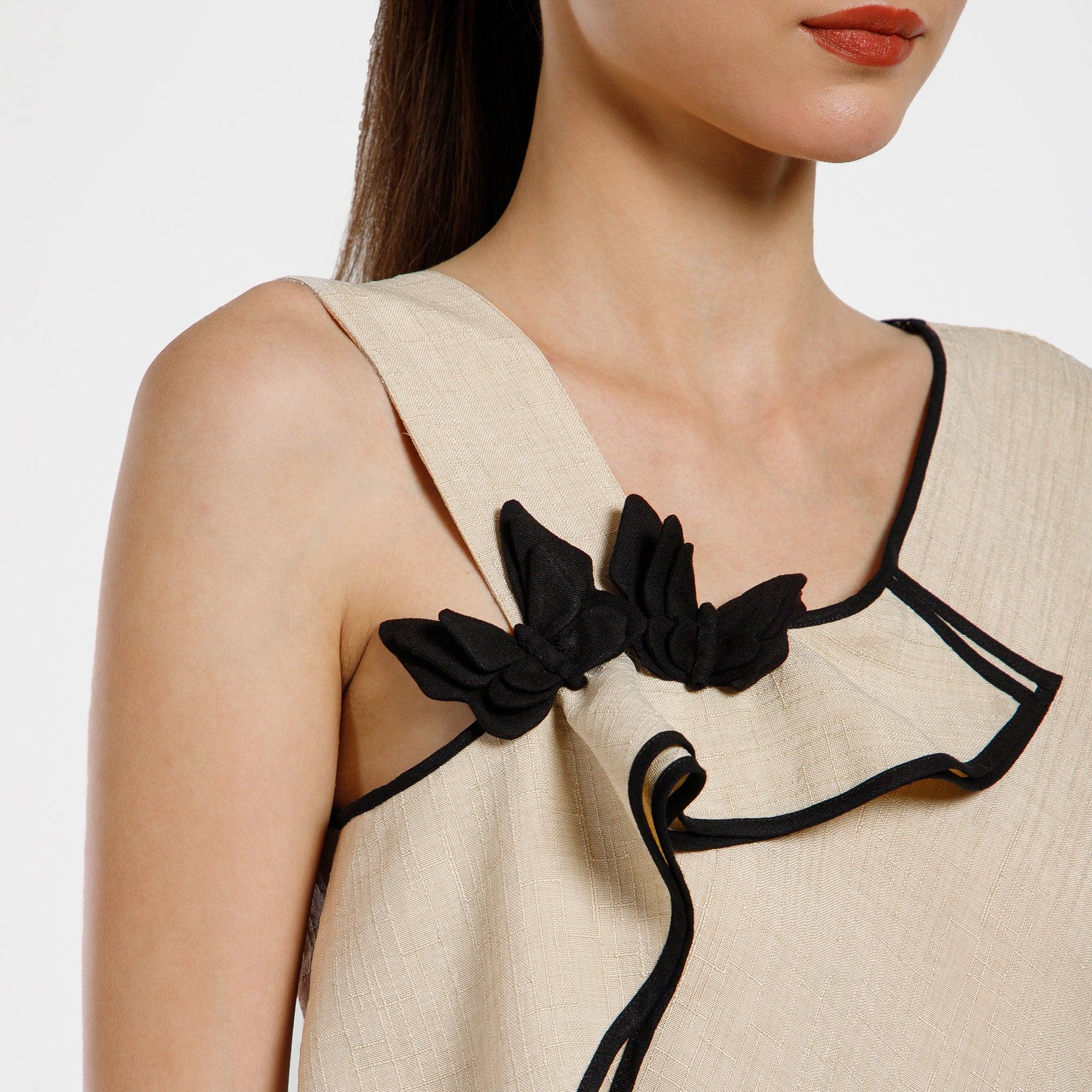 Off White Cotton Slub Linen Dress With Black Butterfly And Piping