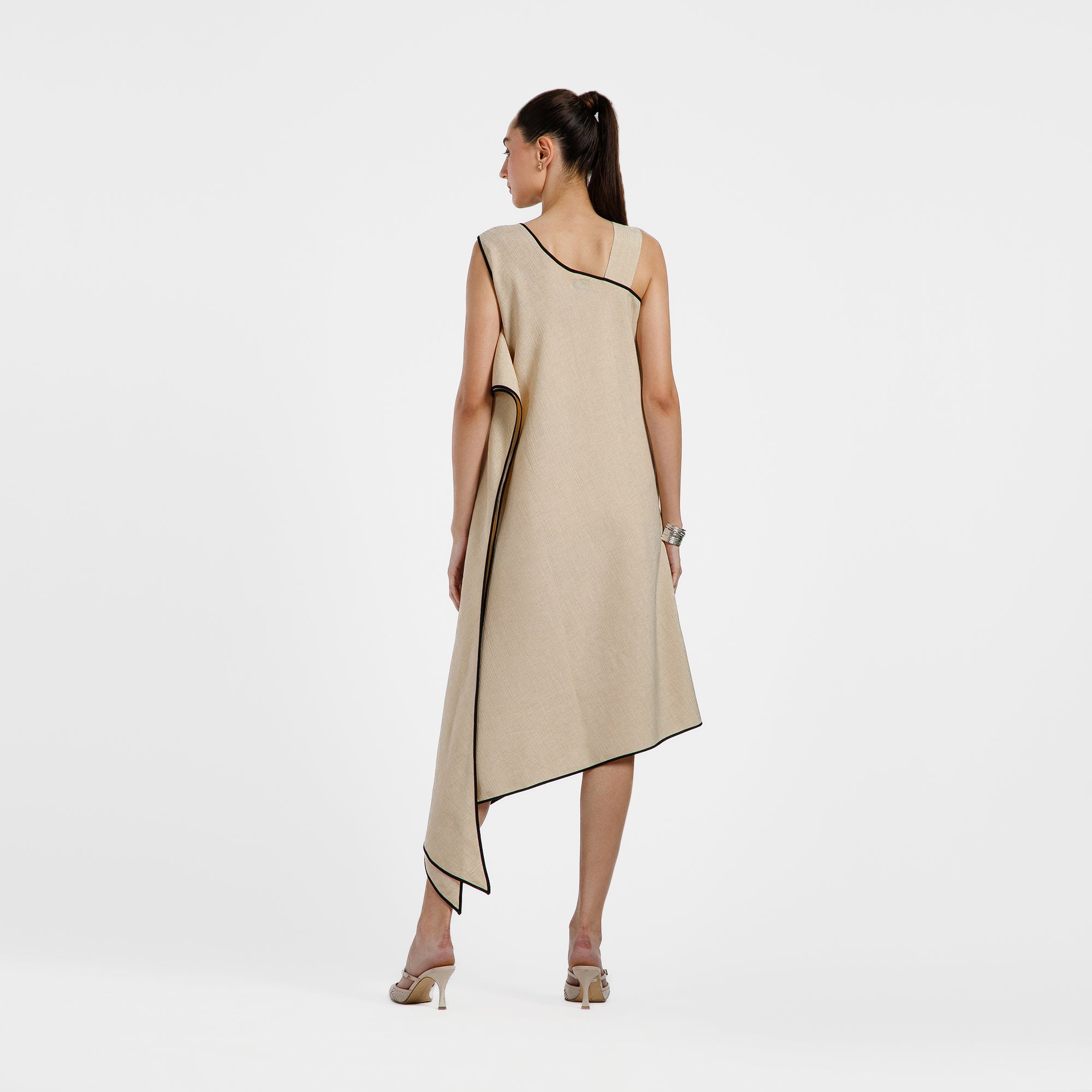 Off White Cotton Slub Linen Dress With Black Butterfly And Piping