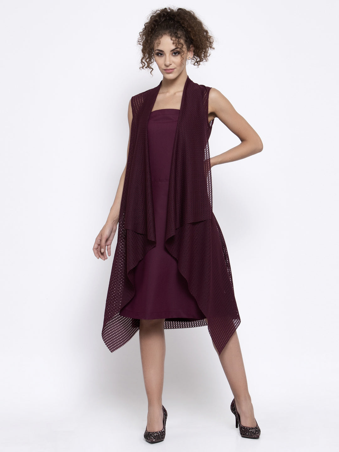 Maroon Lycra Sleeveless Shrug