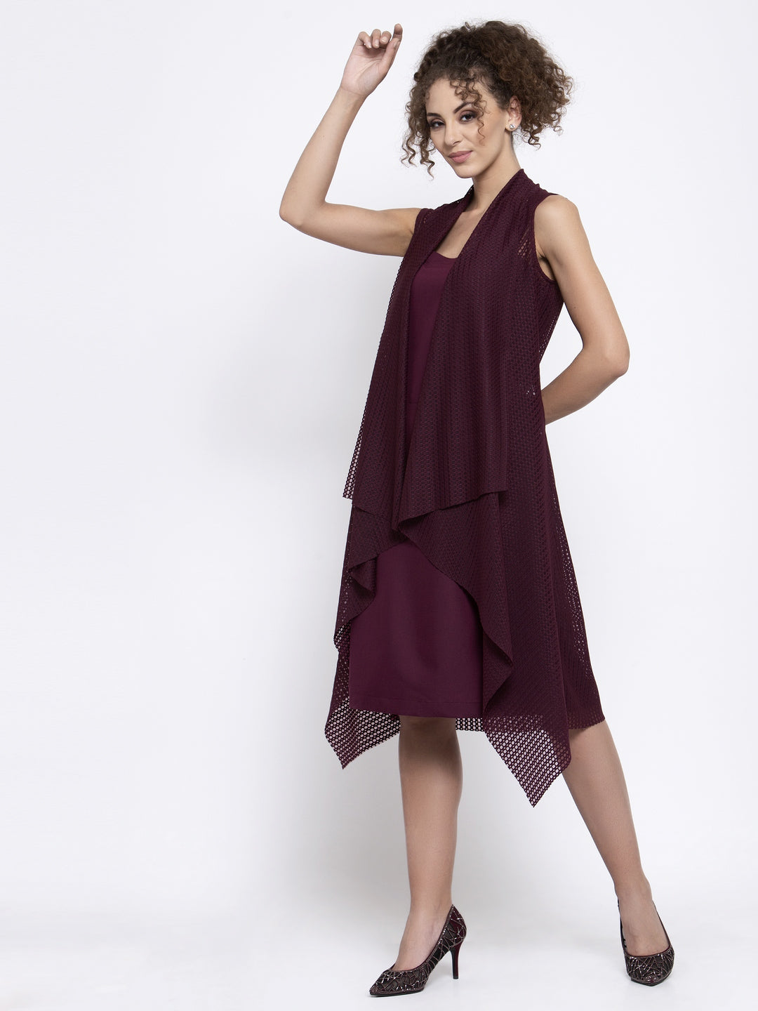 Maroon Lycra Sleeveless Shrug