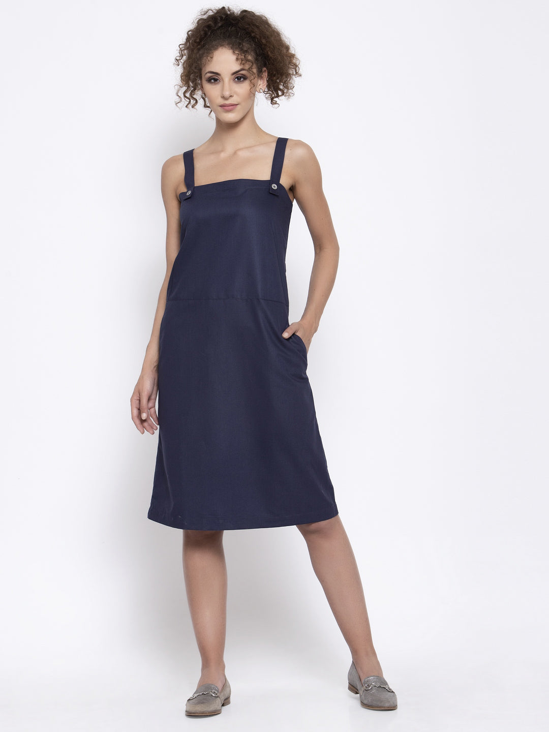 Navy Blue Dungree Dresses for Women Office Wear-5