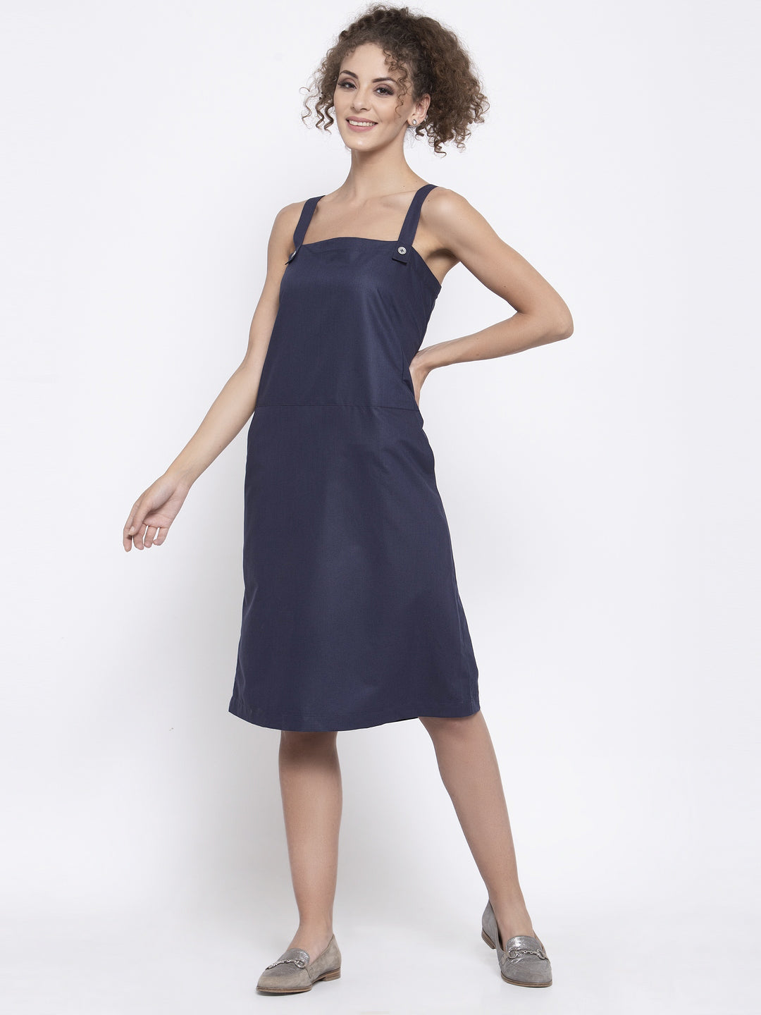 Navy Blue Dungree Dresses for Women Office Wear-2