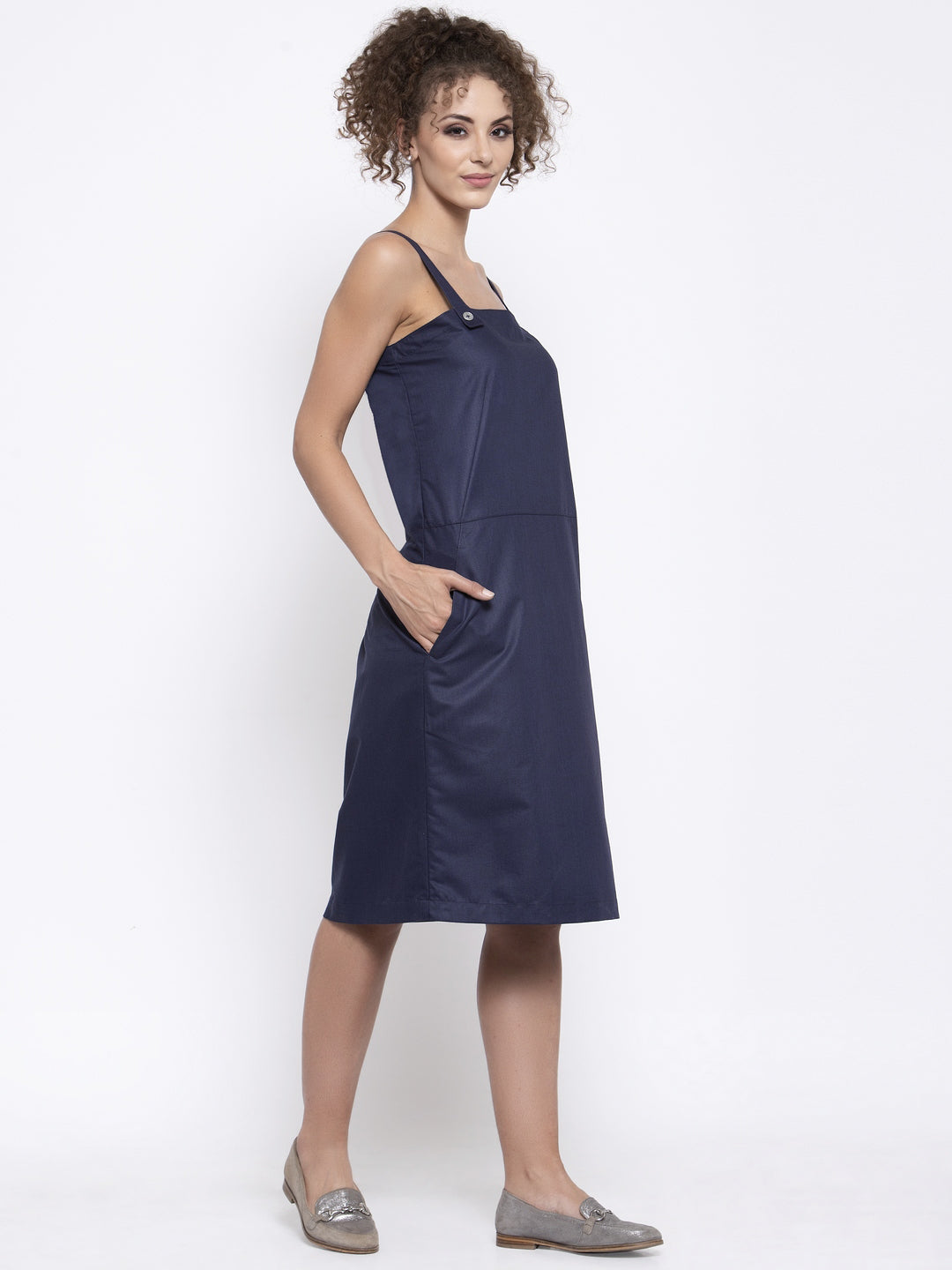 Navy Blue Dungree Dresses for Women Office Wear-1