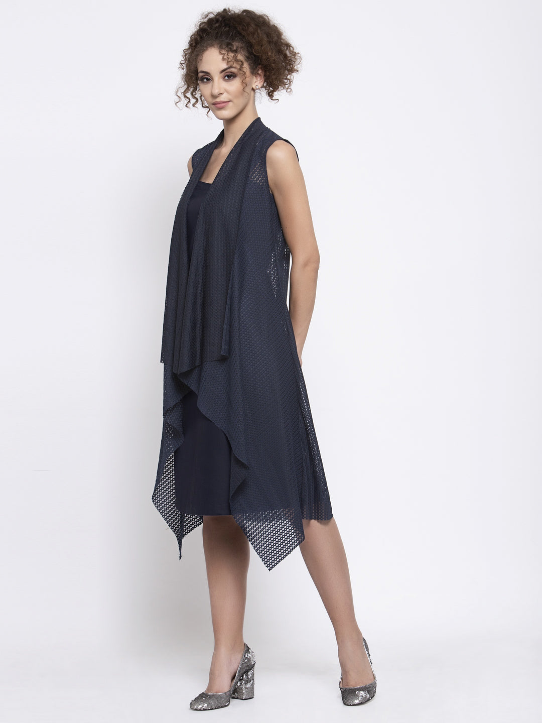 Navy Blue Lycra Sleeveless Shrug