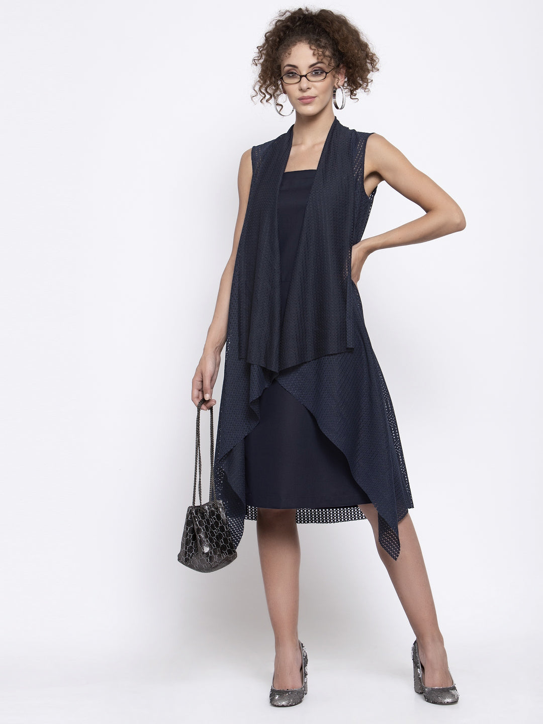 Navy Blue Lycra Sleeveless Shrug
