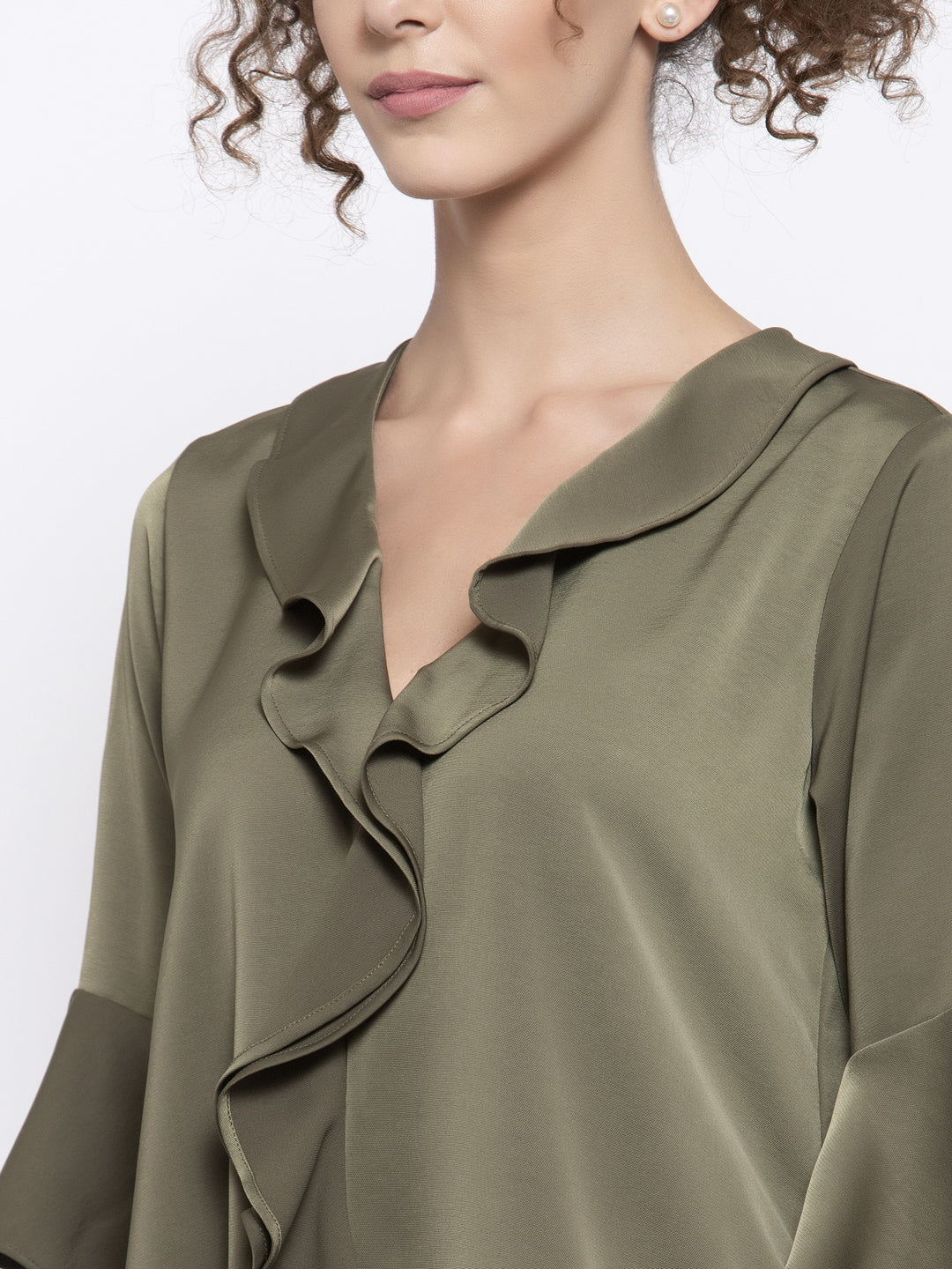 Olive Satin Frill Dress