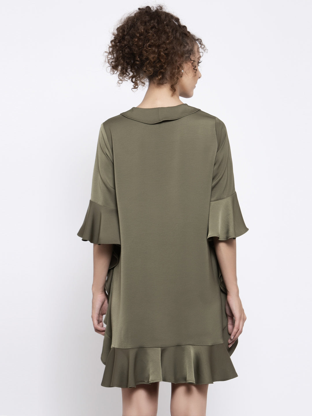 Olive Satin Frill Dress