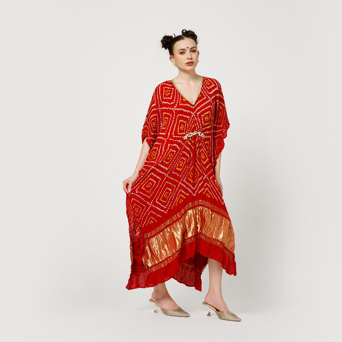 Red Bandhani Kaftan With Inner
