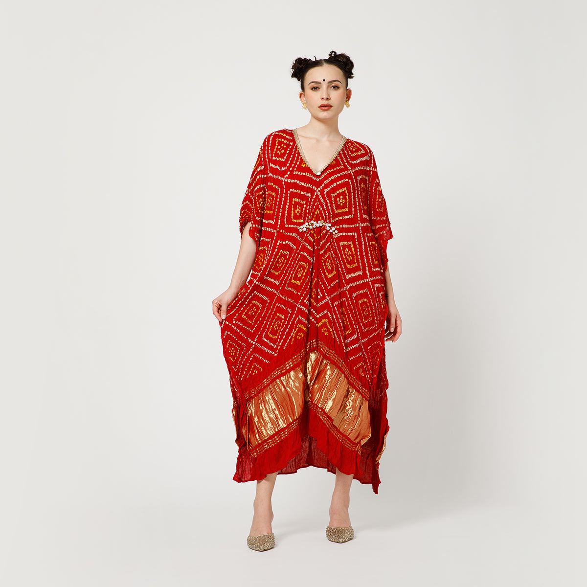 Red Bandhani Kaftan With Inner