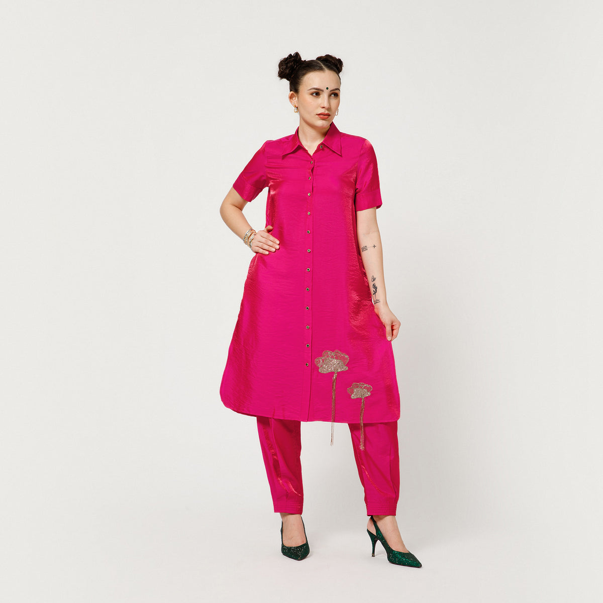 Pink Satin Tunic With Embroidery